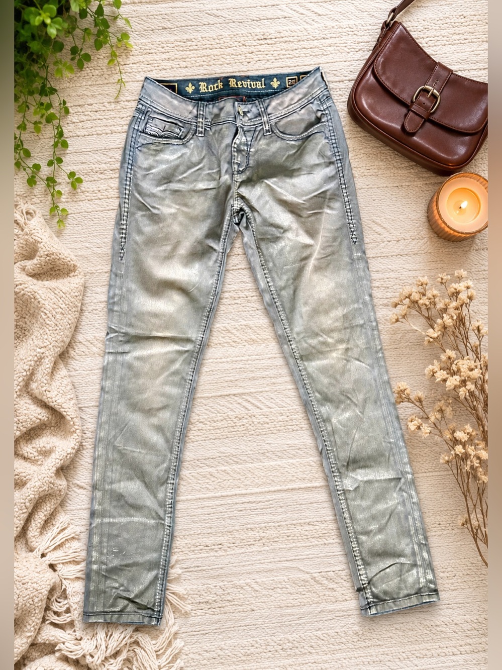 Rock Revival Anela Skinny Coated Jeans Women’s Size 26 Metallic Stretch NWOT
